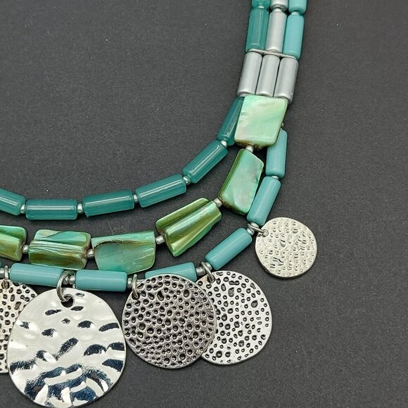 Aqua Blue & Silver Tone Multi Strand Collar Bib Necklace Dangle Hammered Discs - Picture 6 of 10